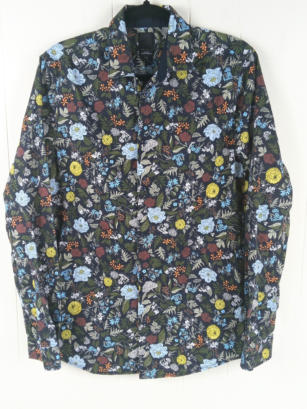 H&M Floral Print Men's Button-Up Shirt Size S Slim Fit Navy Blue Multi